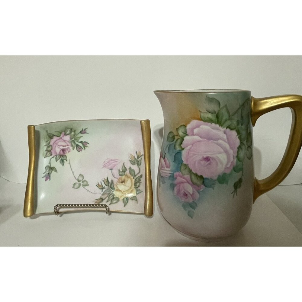 BAVARIA Set Porcelain PITCHER & TRAY Hand Painted. Germany Signed M.Walker 1959